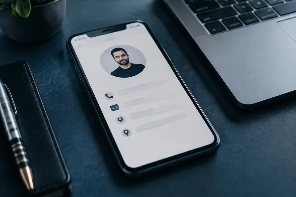 Phone showing an illustrative contact profile beside a laptop
