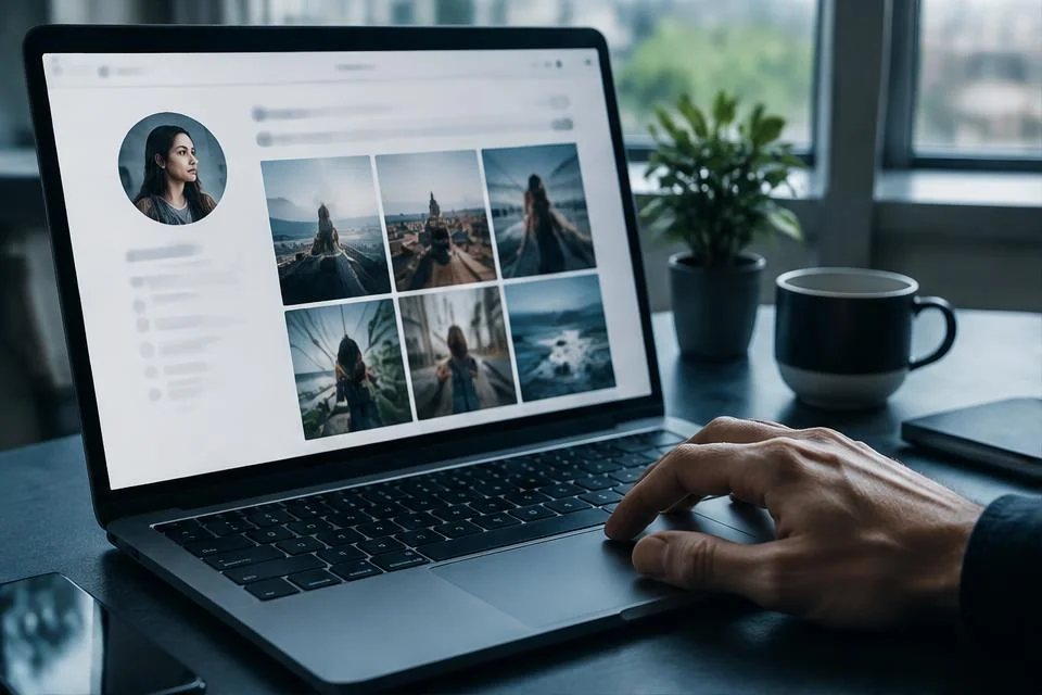 Laptop displaying an illustrative online profile