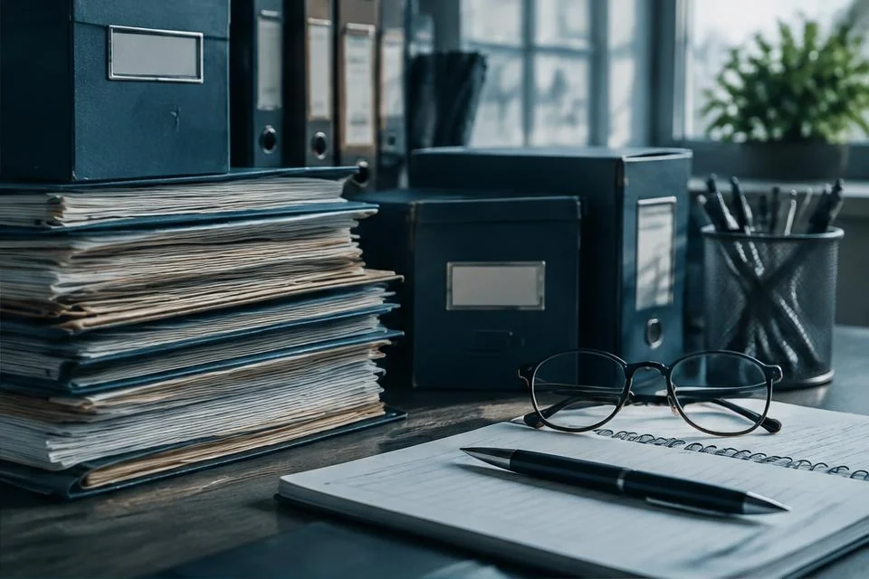 Public document folders and records on an office desk