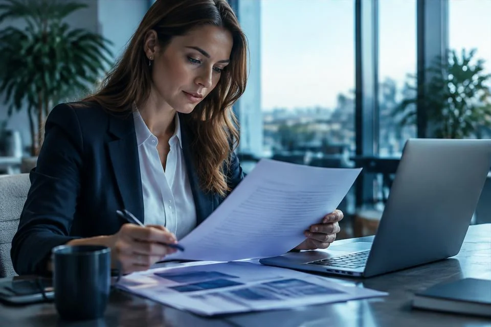 A professional carefully reviewing documentation and online information